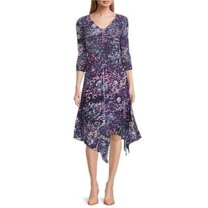 KomaRov Chiffon 3/4 Sleeve V-Neck Handkerchief Hem A-Line Dress Large #EP114